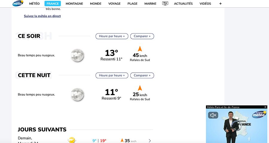Weather forecast window with the video in autoplay in the lower right corner