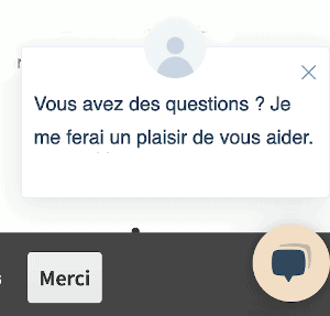 Chatbot apparaissant en bas de la page proposant de l’aide