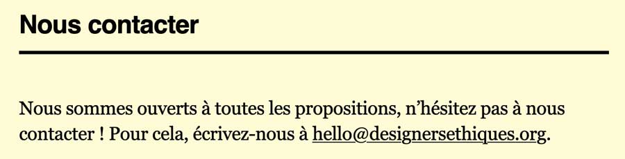 Page “Nous contacter” des Designers Ethiques montrant l’adresse de contact sans formulaire