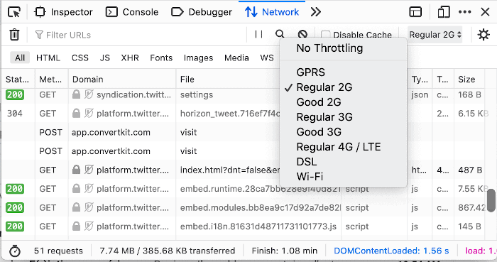 Outils de développement Firefox dans l’onglet Réseau montrant les différents types de connexion