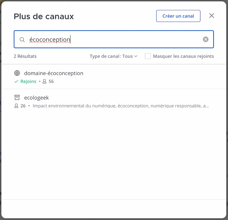 Recherche de canaux Mattermost montrant deux résultats pour 