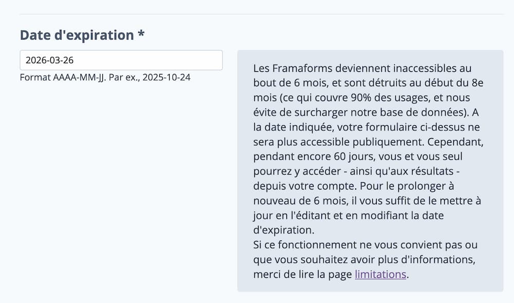 Page de formulaire avec un champ date d'expiration automatiquement remplie