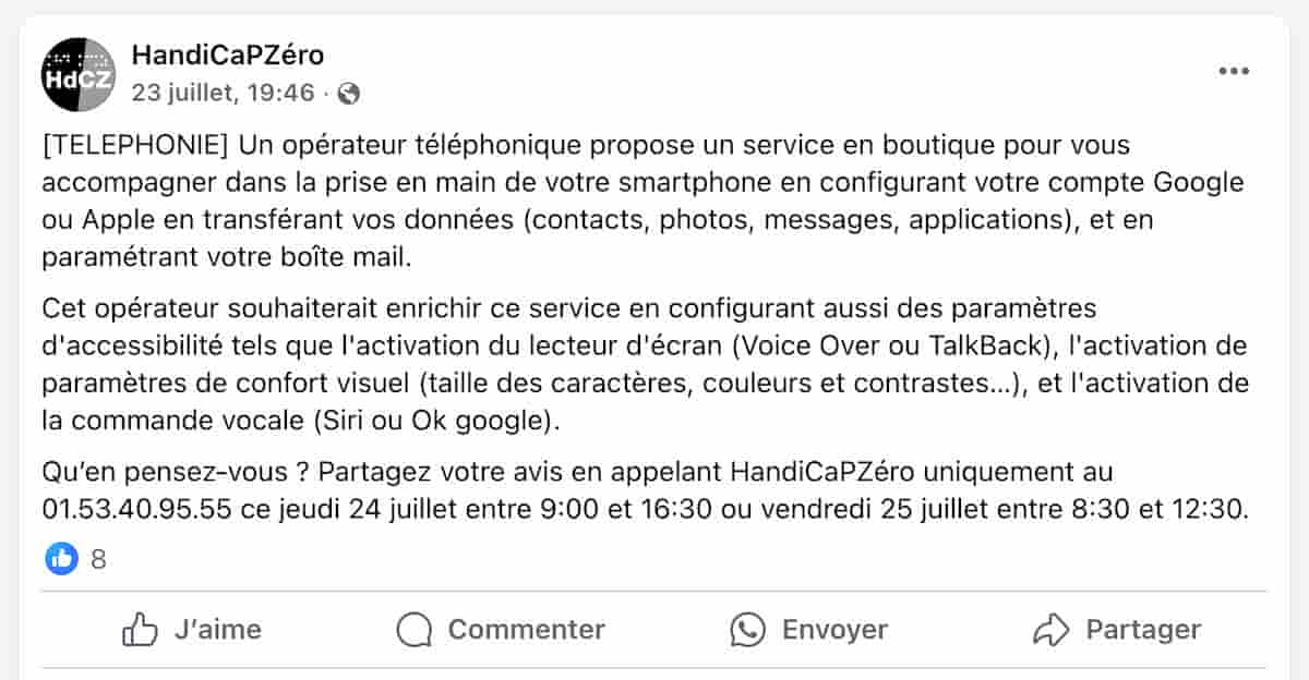 Post Facebook de HandiCapZero proposant des créneaux d'appel pour donner son avis