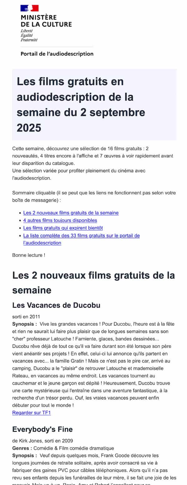 Infolettre du portail de l'audiodescription récapitulant les films gratuits à visionner chaque semaine