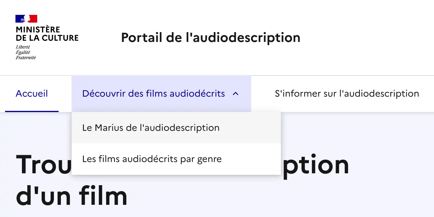 Le sous-menu du portail de l'audiodescription s'ouvre et se ferme au clic.