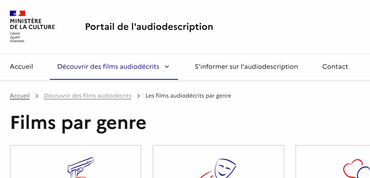 Fil d'ariane sur le Portail de l'audiodescription avec Accueil, Découvrir les films audiodécrits, Les films audiodécrits par genre