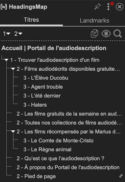 Structure de la page d'accueil du Portail de l'audiodescription avec tous les niveaux de titre correctement imbriqués.