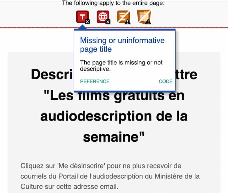 Le plugin Wave montre que la page de désinscription aux infolettres envoyées depuis Brevo n'a pas de titre.