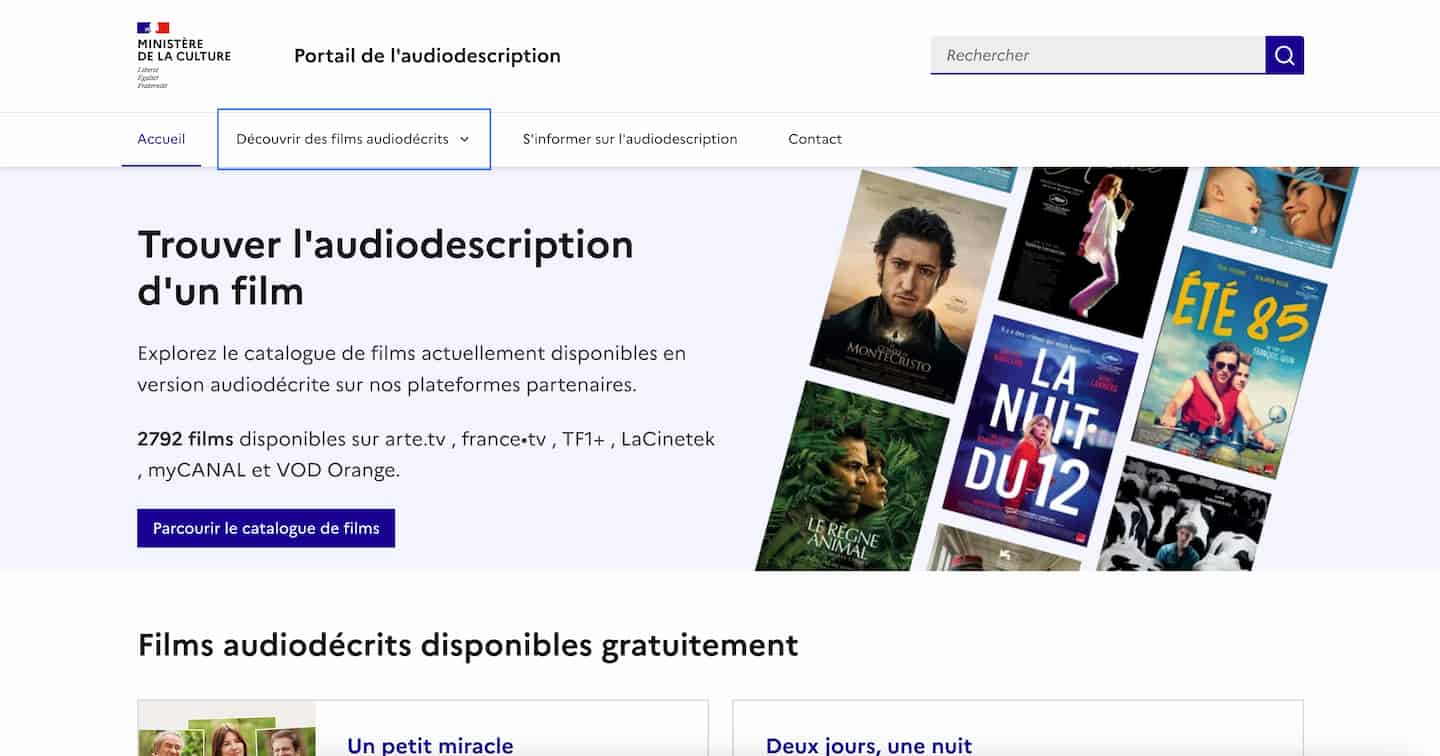 Accueil du Portail de l'audiodescription avec focus symbolisé en épais contour bleu sur un élément du menu