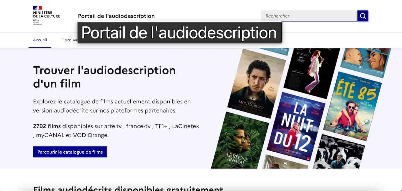 Agrandissement du texte "Portail de l'audiodescription" au survol du curseur