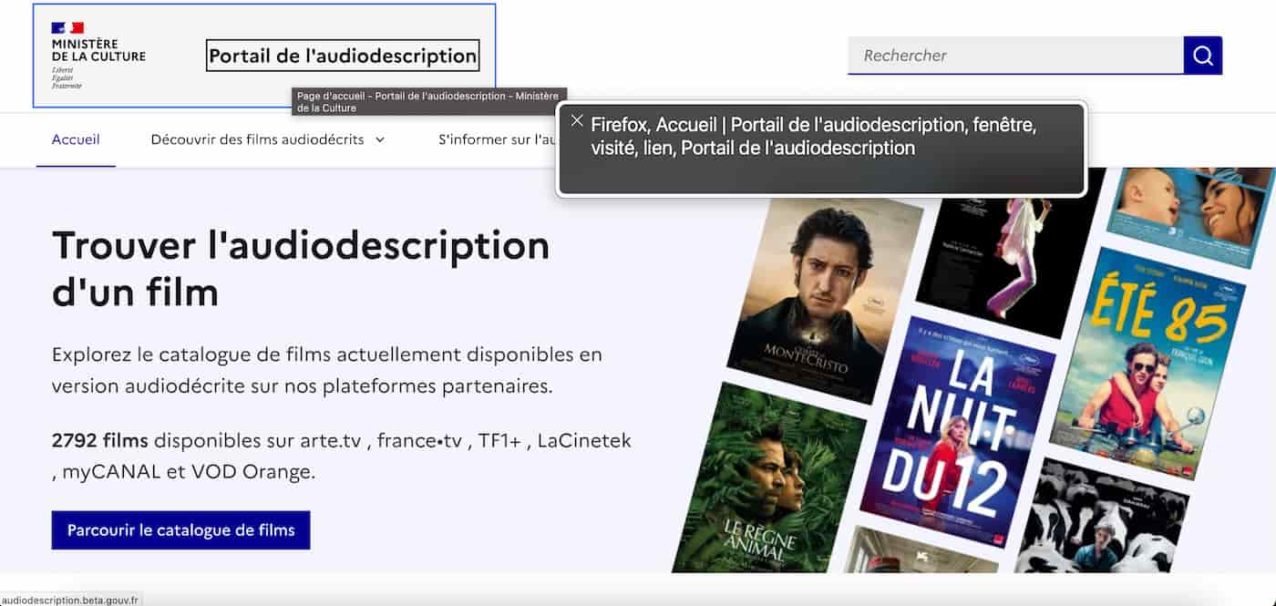 Panneau légende de VoiceOver explicitant la bannière sur le Portail de l'audiodescription
