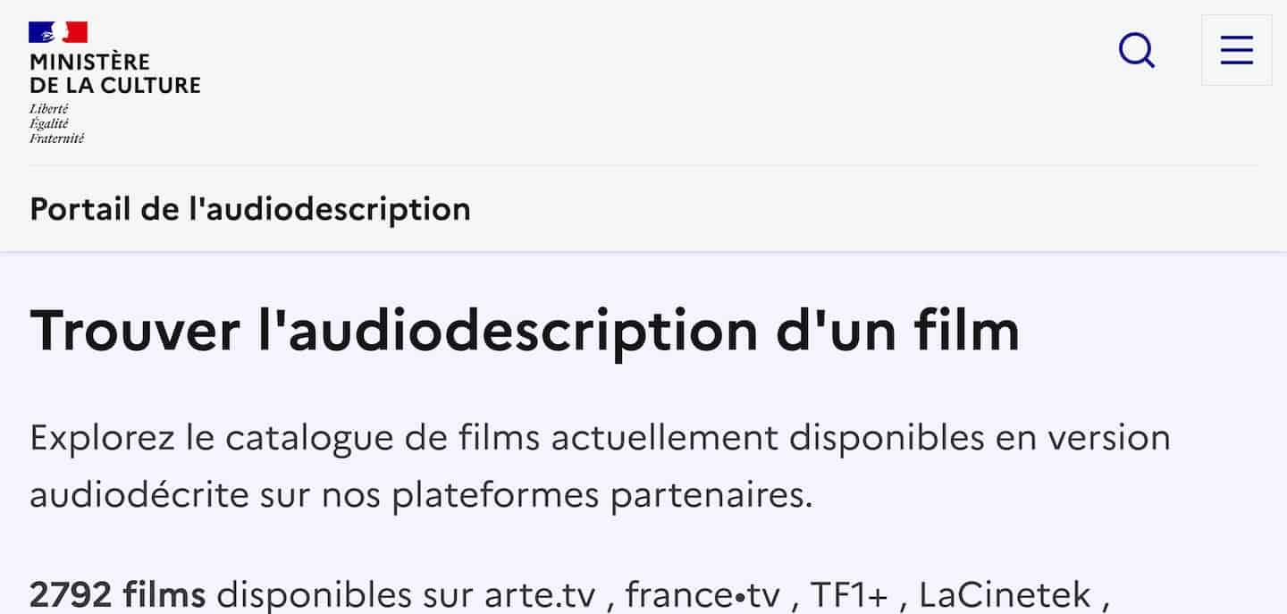 Accueil du site Portail de l'audiodescription zoomé à 200%