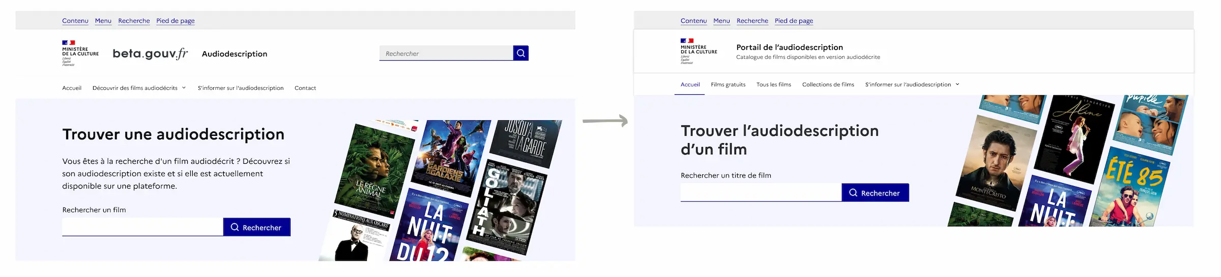 Comparaison entre 2 versions de l'accueil du portail de l'audiodescription, avec et sans moteur de recherche dans l'en-tête.