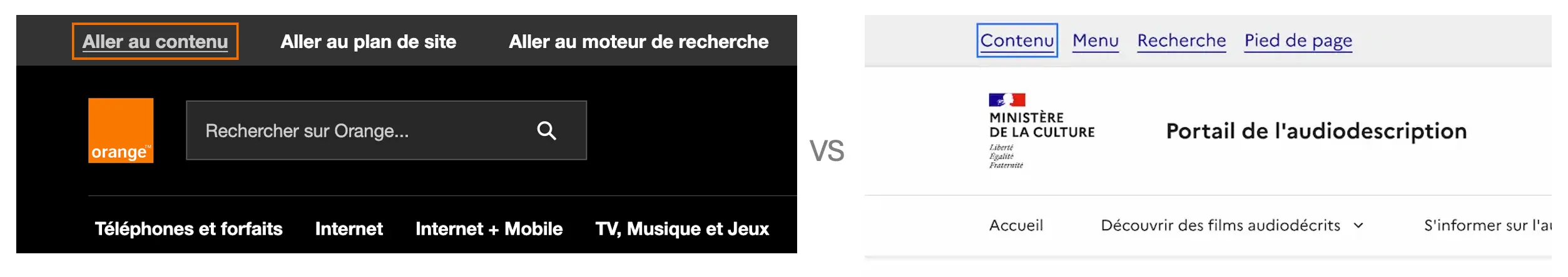 Comparaison entre les accès rapides de Orange.fr et du Portail de l'audiodescription