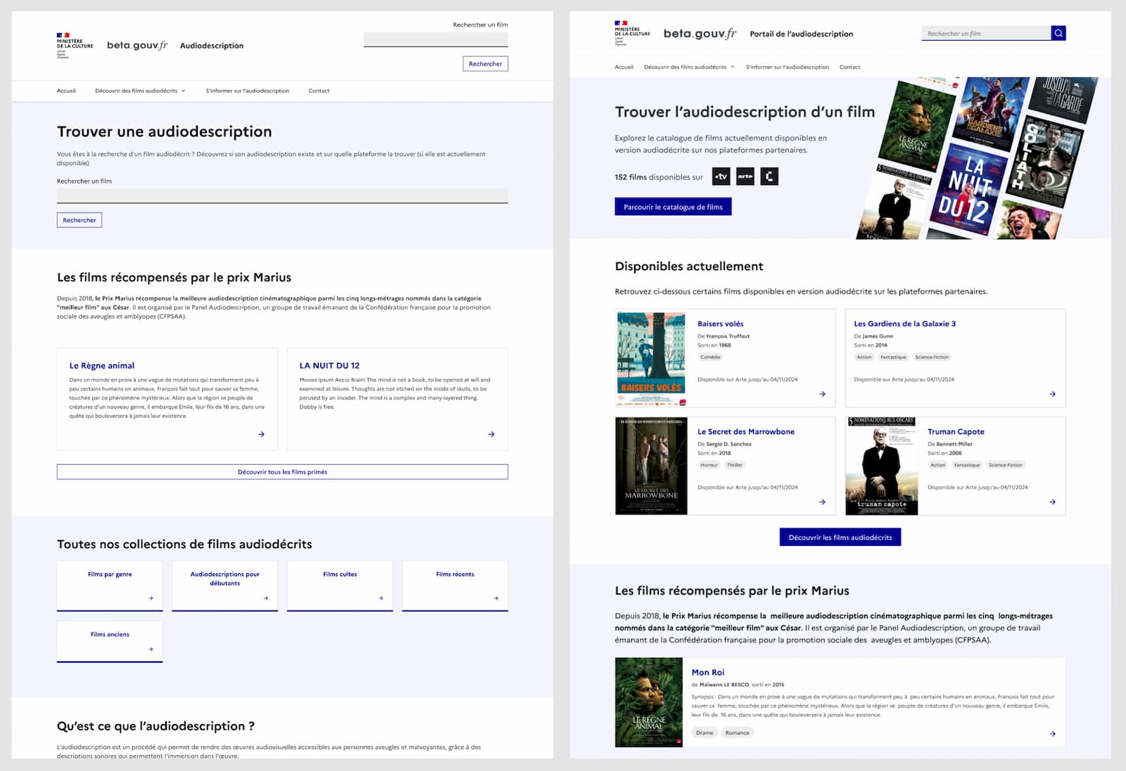 Comparaison du portail de l'audiodescription entre la version antérieure sans aucune image et la version actuelle plus visuelle.