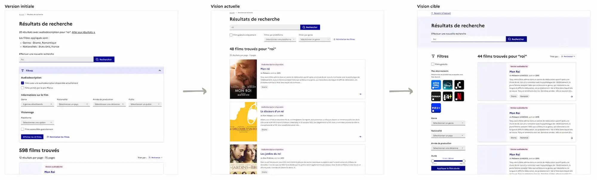3 versions de la page résultats de recherche : avec accordéon ouvert, sans accordéon et avec les filtres sur le côté