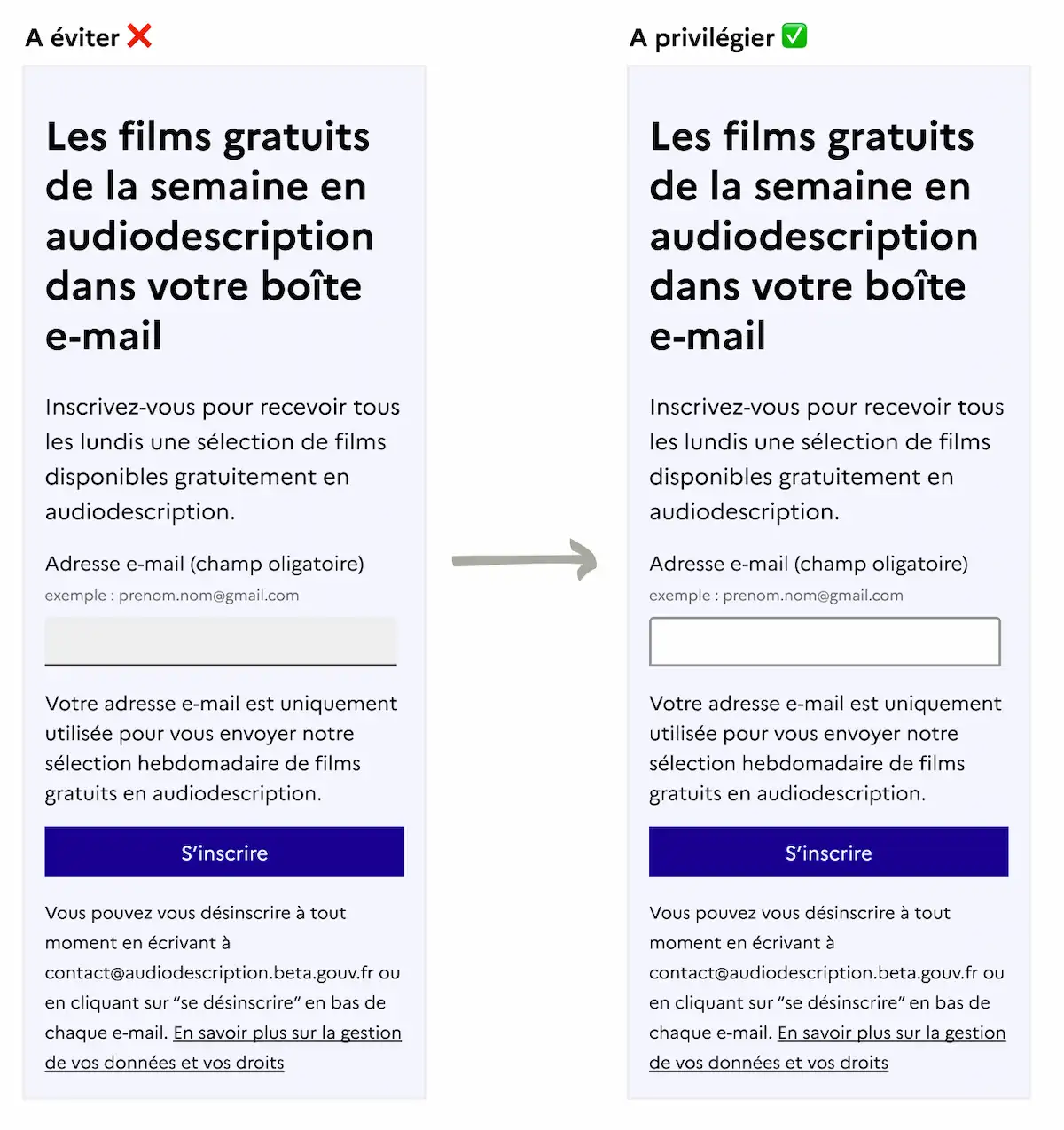 Comparaison entre un champ de formulaire au contraire trop faible pour une personne malvoyante et un champ au contraste suffisant.