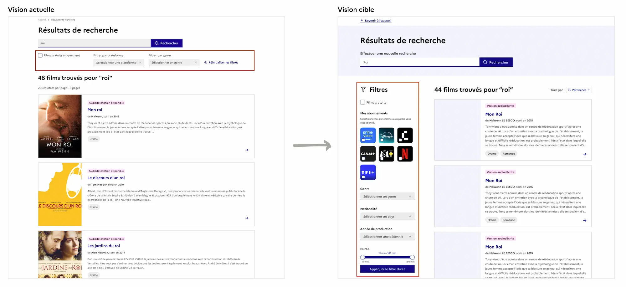 Comparaison entre une disposition horizontale et une disposition verticale des filtres sur la page de recherche