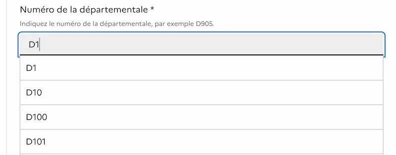 Champ de numéro de départementale suggérant D1, D10, etc.